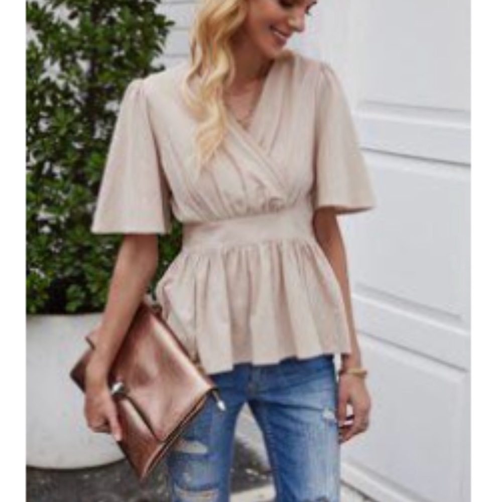 SHEIN Tan Wrap Blouse- work blouse- girls night out top